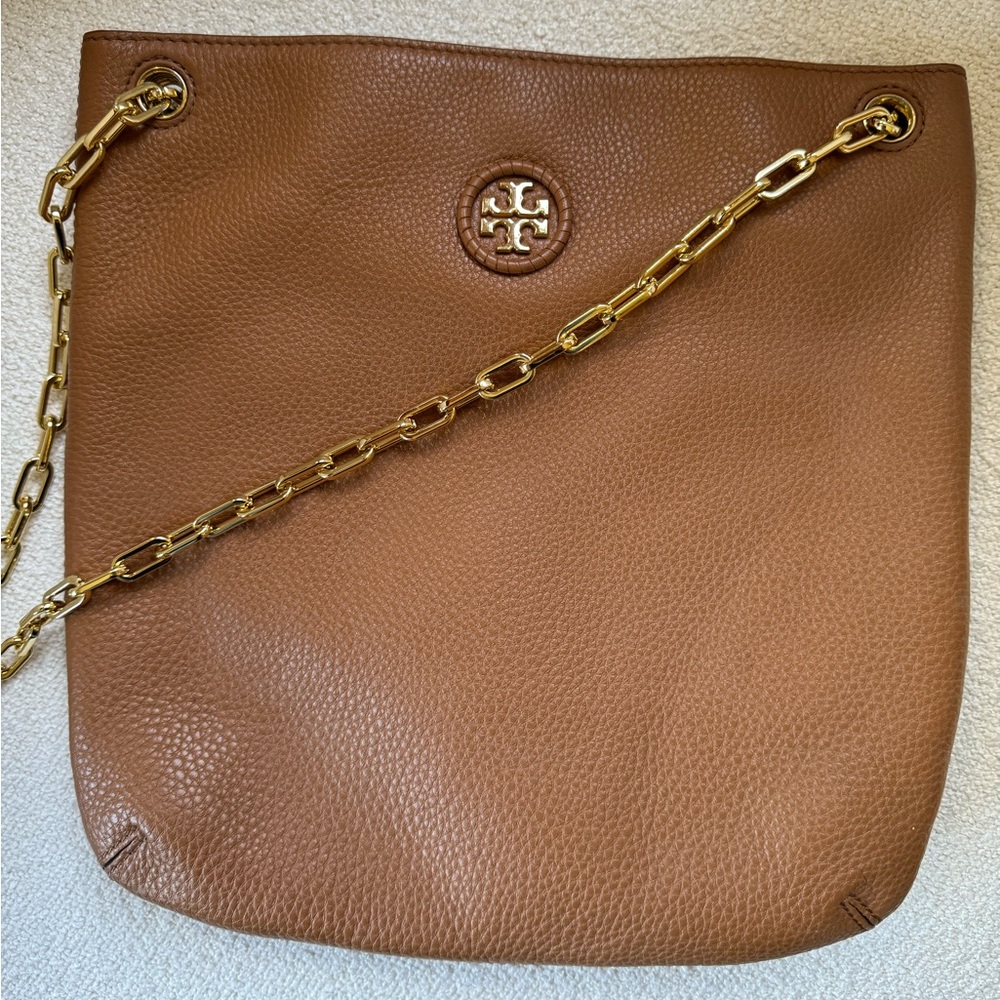 Tory Burch Tan Bark Swingpack Leather Crossbody Bag Convertible Strap Whipstitch